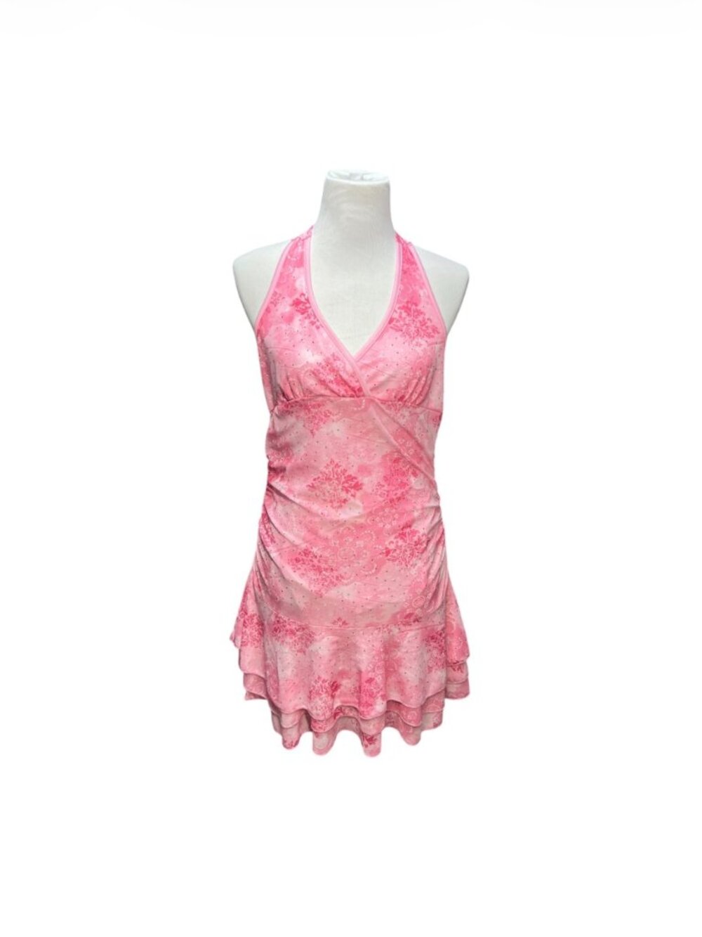 Romwe XL Skort Dress Pink Paisley Halter Rhinestone Ruffle Y2K Women's